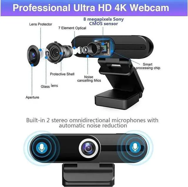 Alt view image 7 of 7 - JAENFONG 4K Webcam with Microphone,8 Megapixel Web Cam,Ultra HD Web Camera for Computers,Webcam for Laptop Desktop,USB Webcam with Privacy Cover,Pro Streaming Webcam for Video Calling