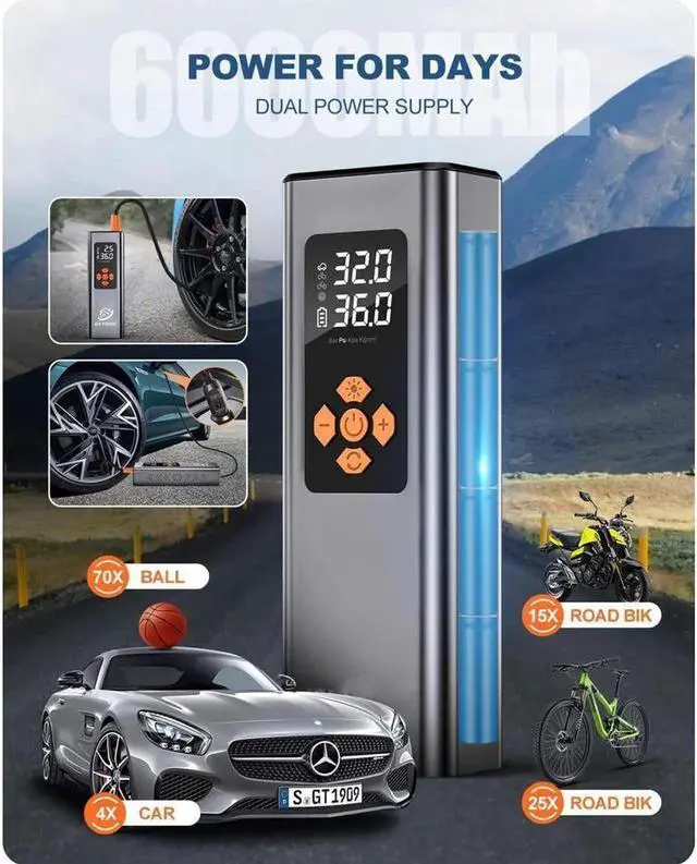 Alt view image 7 of 7 - JAENFONG Portable Tire Inflator, KEHIPI 150PSI Small Air Compressor 2X Faster Mini Cordless Air Pump for Car Tires Compact Auto Wheel Bike Mini Tire Pump