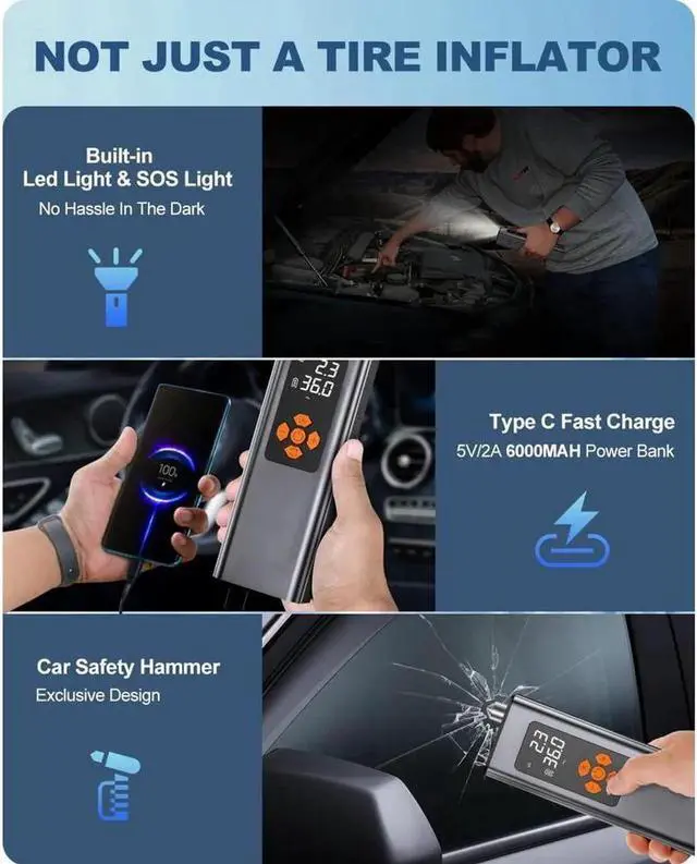 Alt view image 5 of 7 - JAENFONG Portable Tire Inflator, KEHIPI 150PSI Small Air Compressor 2X Faster Mini Cordless Air Pump for Car Tires Compact Auto Wheel Bike Mini Tire Pump