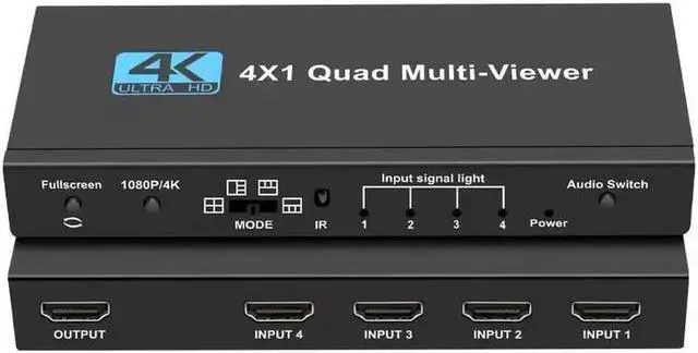Main image of JAENFONG Multiviewer Switch 4x1, KEHIPI Quad Seamless Switcher 4 in 1 Out with IR Remote Control, Support 4K Full HD and 5 Display Modes for Security Camera, Gaming Consoles