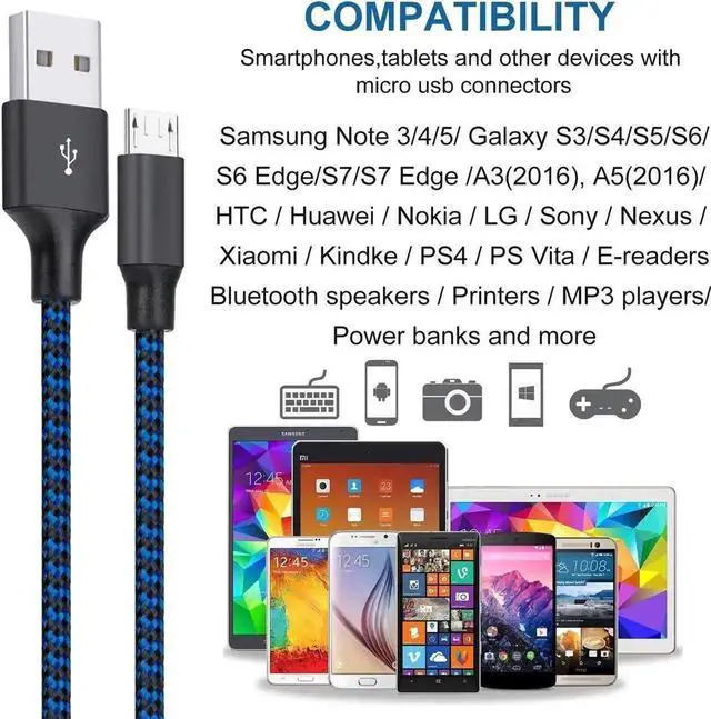 Alt view image 3 of 7 - Micro USB Cable, 3Pack 6FT/2M Android Charger Cord Long Nylon Braided Sync and Fast Charging Cables Compatible with Samsung Galaxy S6 S7 Edge, Android & Windows Smartphones and More- Blue