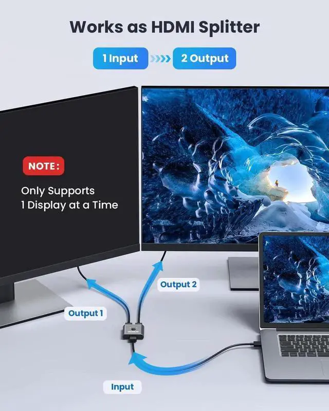 Alt view image 7 of 7 - JAENFONG HDMI Switch 4K@60Hz, Bidirectional HDMI Splitter 2 in 1 Out, Aluminum HDMI Switcher Supports Ultra HD 4K 1080P 3D HDR, Compatible for Fire Stick, PC, Xbox, PS5/4/3, Roke, Blu-Ray Player