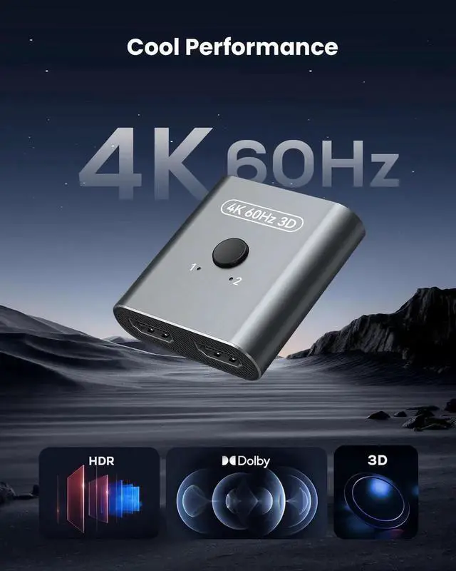 Alt view image 5 of 7 - JAENFONG HDMI Switch 4K@60Hz, Bidirectional HDMI Splitter 2 in 1 Out, Aluminum HDMI Switcher Supports Ultra HD 4K 1080P 3D HDR, Compatible for Fire Stick, PC, Xbox, PS5/4/3, Roke, Blu-Ray Player