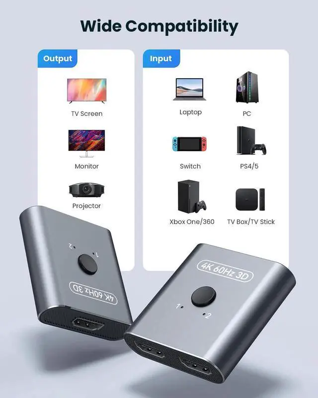 Alt view image 2 of 7 - JAENFONG HDMI Switch 4K@60Hz, Bidirectional HDMI Splitter 2 in 1 Out, Aluminum HDMI Switcher Supports Ultra HD 4K 1080P 3D HDR, Compatible for Fire Stick, PC, Xbox, PS5/4/3, Roke, Blu-Ray Player