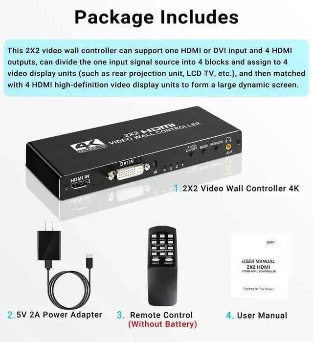 Alt view image 4 of 7 - JAENFONG 2x2 HDMI Video Wall Controller, 1080P@60Hz HDMI DVI TV Wall Processor with Audio Out, 4K Hdmi Video Image Processor with RS232, Support 180° Rotate, 1x2 1x3 1x4 2x2 2X1 3x1 4x1 Mode