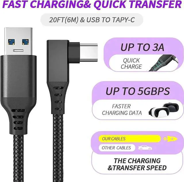Alt view image 2 of 7 - for Oculus Quest 2 Link Cable 20ft/6M, Nylon Braided 90 Degree Angle USB-A to USB-C cable with 5Gbps Data Transfer and 60W Fast Charging for Meta/Oculus Quest 2 and Quest VR headset and More (Black)