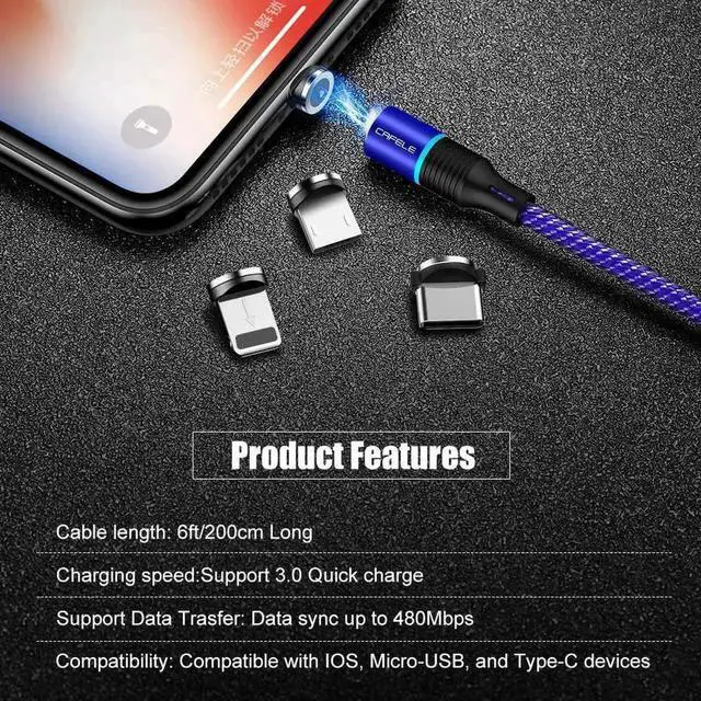 Alt view image 2 of 7 - JAENFONG Magnetic Charging Cable 6.6ft, QC3.0 Fast Charging Nylon Braided Cord with LED Light, Support Data Trasfer 3 in 1 Universal Magnet Phone Charger Compatible with Micro USB Type C Devices