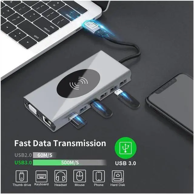 Alt view image 3 of 7 - JAENFONG USB C Docking Station Adapter, 15 in 1 Dual Display Multiport Dongle, Type C Hub with Wireless Charging,VGA,Gigablit, HDMI, 87W PD, 5 USB,3.5mm Audio and SD/TF Card Reader for HP/Dell