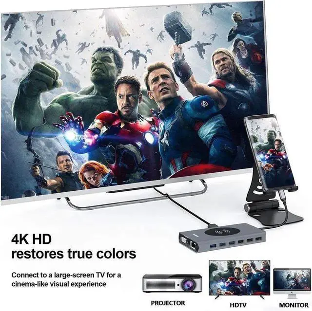 Alt view image 2 of 7 - JAENFONG USB C Docking Station Adapter, 15 in 1 Dual Display Multiport Dongle, Type C Hub with Wireless Charging,VGA,Gigablit, HDMI, 87W PD, 5 USB,3.5mm Audio and SD/TF Card Reader for HP/Dell