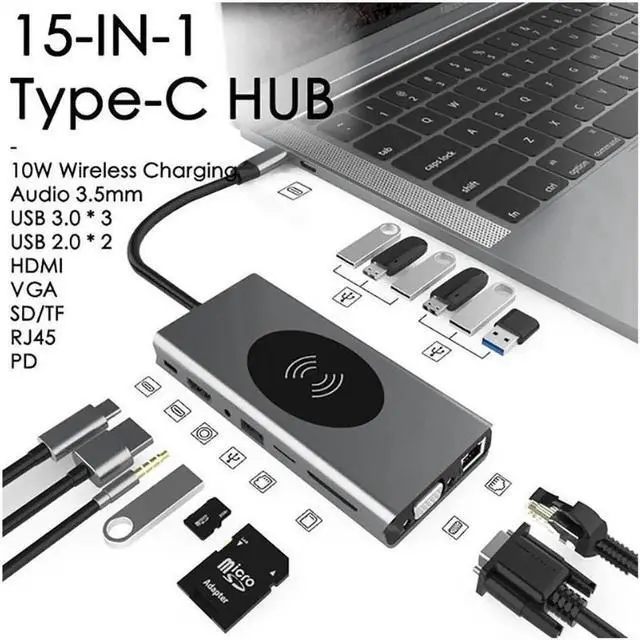 Main image of JAENFONG USB C Docking Station Adapter, 15 in 1 Dual Display Multiport Dongle, Type C Hub with Wireless Charging,VGA,Gigablit, HDMI, 87W PD, 5 USB,3.5mm Audio and SD/TF Card Reader for HP/Dell