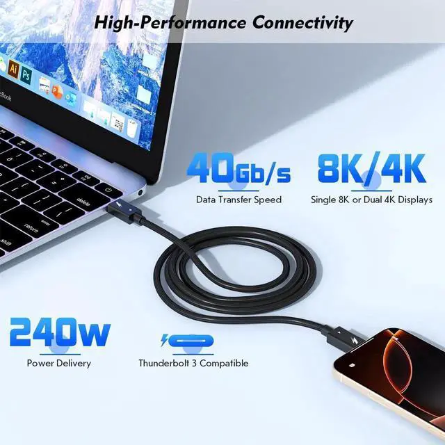 Alt view image 3 of 7 - JAENFONG Thunderbolt 4 Cable, 6.6FT Long USB C Data Cord, Support 40Gbps/240W Fast Charging/8K Display for USB4, Thunderbolt 3 Cable, Flexible 6.6Foot USBC to USB C Woven Cables for iPhone 16/15