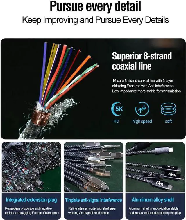 Alt view image 2 of 7 - USB 4 Cable for Thunderbolt 4 Cable, 40Gbps 6.6ft/2M Cable 100W Charging Support 5K@60Hz Video, Compatible with Thunderbolt 4/3, External SSD, USB-C Docking Station, MacBook Pro, External SSD, eGpu