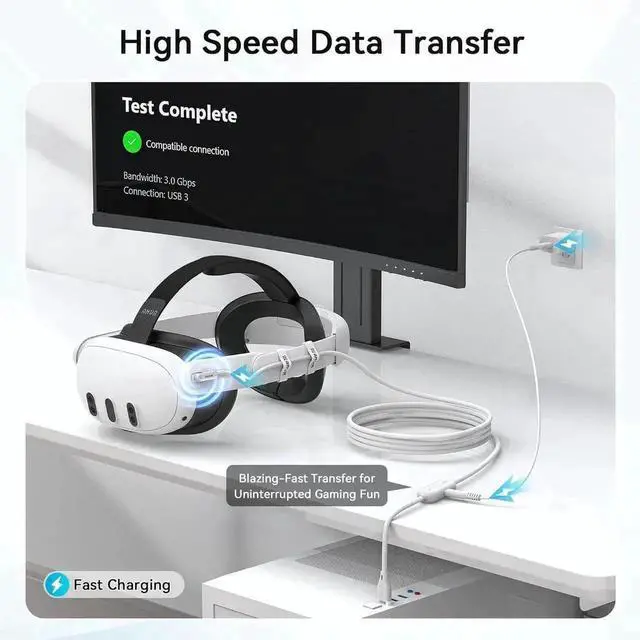 Alt view image 2 of 7 - 16.4FT (5M) USB A to USB C VR Charging Link Cable Compatible with Me-ta Quest 3/3S/Pico 4 - with Separate Fast Charging Port, High-Speed Max 5Gbps Transfer to PC VR/Steam VR, Play While Charger