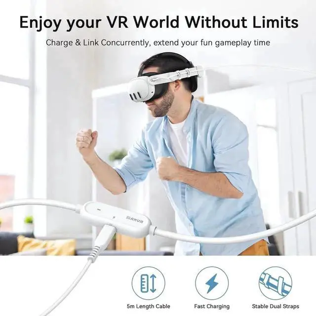 Alt view image 3 of 7 - 16.4FT (5M) USB A to USB C VR Charging Link Cable Compatible with Me-ta Quest 3/3S/Pico 4 - with Separate Fast Charging Port, High-Speed Max 5Gbps Transfer to PC VR/Steam VR, Play While Charger