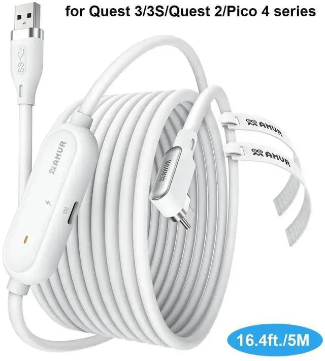 Main image of 16.4FT (5M) USB A to USB C VR Charging Link Cable Compatible with Me-ta Quest 3/3S/Pico 4 - with Separate Fast Charging Port, High-Speed Max 5Gbps Transfer to PC VR/Steam VR, Play While Charger