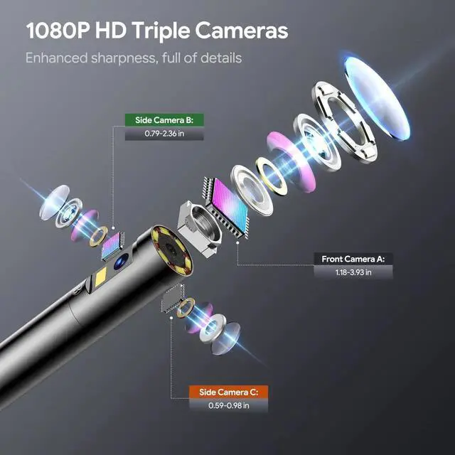 Alt view image 6 of 7 - JAENFONG Triple Lens Endoscope with Light, 1080P Handheld Borescope Inspection Camera, Waterproof Snake Camera, 10FT Flexible Automotive Plumbing Tool for iPhone & Android