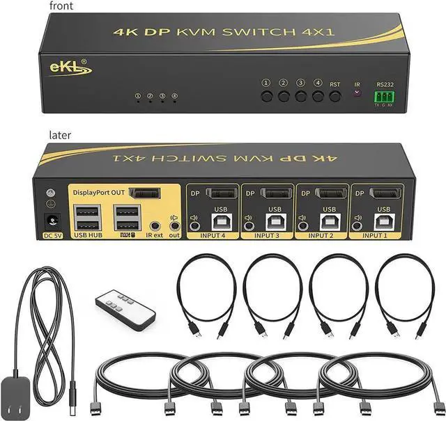 Main image of JAENFONG Displayport KVM Switch, Displayport 4 Port DP 1.2 4x1 Supports 4K @60Hz 4:4:4 hotkey Switching Keyboard Mouse Audio with USB 2.0 Control up to 4 PCs