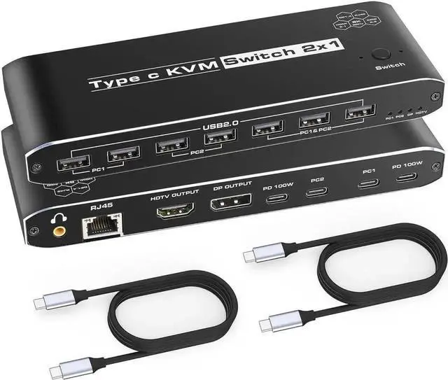 Main image of 2 Port Type-C [HDMI or Displayport Out] KVM Switch, USB C KVM Switch with 7 USB-A Ports, 2 USB-C Charging 100W, RJ45, 3.5mm Jack, Thunderbolt KVM Supports 4K@60Hz with HDMI and DP Output for Laptop