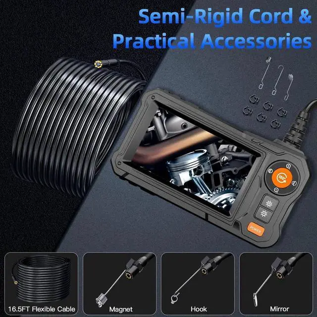 Alt view image 5 of 7 - JAENFONGEndoscope Camera with Light - 4.3" LCD Screen Inspection Cameras,IP67 Waterproof Borescope with 8 Adjustable LED Lights,HD 1080P Endoscope Camera 16.5ft Semi-Rigid Cord,gifts for men tools and