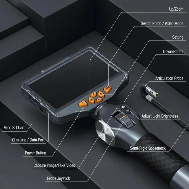 Alt view image 2 of 7 - Teslong Articulating Borescope with Dual Lens Endoscope, 5-inch IPS Automotive Inspection Camera with Two-Way Articulation Tip, 6+1 LED Lights, Mechanics Fiber Optic Scope-Dia. 0.25 inch & L 5.0 feet