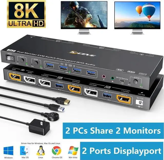 Main image of Voice Controlled Displayport KVM Switch 2 Monitors 2 Computers 8K@30Hz 4K@144Hz, Dual Monitor Displayport KVM Switch with Audio and 4 USB 3.0 Port for Earphone Keyboard Mouse, Support KVM and USB Mode