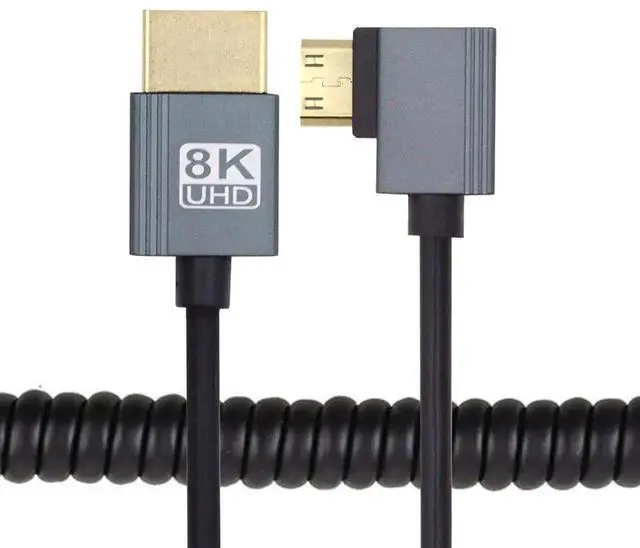 Main image of JAENFONG 90 Degree Right Angled Mini HDMI 2.1 Male to HDMI Male 8K 60hz Stretch Coiled Cable 100cm for HDTV Computer Laptop Monitor