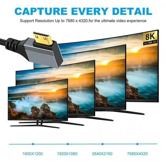 Alt view image 2 of 7 - JAENFONG 90 Degree Right Angled Mini HDMI 2.1 Male to HDMI Male 8K 60hz Stretch Coiled Cable 100cm for HDTV Computer Laptop Monitor