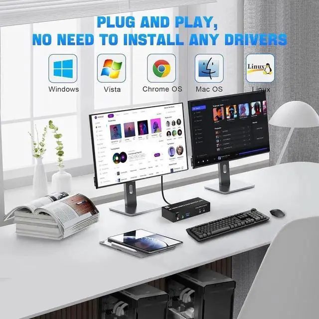 Alt view image 6 of 7 - 8K@60Hz HDMI Dual Monitor KVM Switch, 2 Port HDMI KVM Switch for 2 Monitors 2 Computers with 3 USB 3.0 Ports, Extended Display Switcher with Audio Microphone, PC Monitor Keyboard Mouse Switch