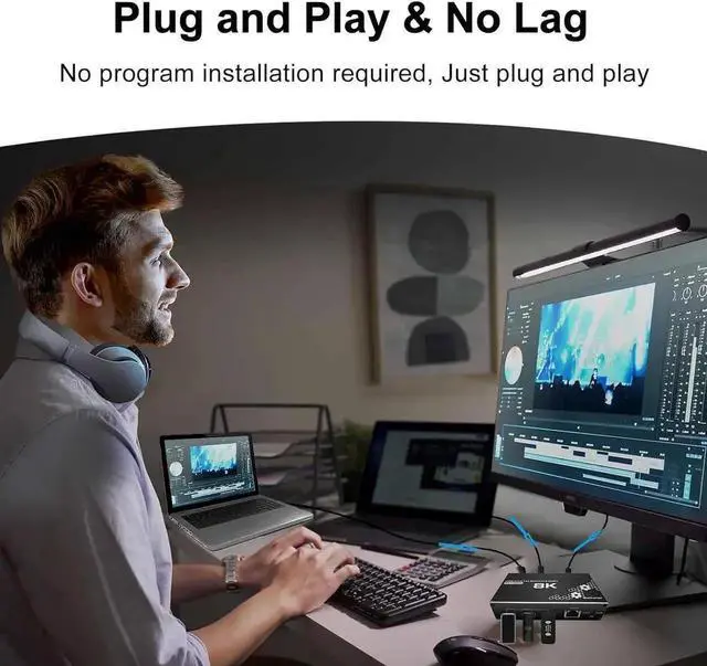 Alt view image 4 of 7 - 4K/120HZ HDMI KVM Switch, USB 3.0 Switcher, KVM Switcher Support 8K@30Hz, 4K/120HZ, 1080/240HZ, 2 Computers Share 3 USB Hub Keyboard Mouse Switch and 1 RJ45 Ethernet Switch with Remote