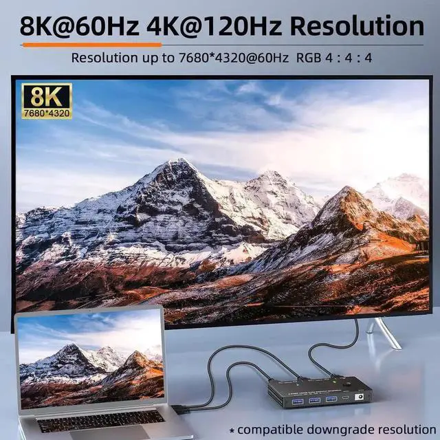 Alt view image 3 of 7 - 2 Port HDMI KVM Switch 8K@60Hz 4K@120Hz, USB 3.0 HDMI 2.1 KVM Switch for 2 Computers Share 1 Monitor and 3 USB Devices, HDCP 2.3,HDR 10, with Wired Remote,12V Power Adapter and 2 USB 3.0 Cables