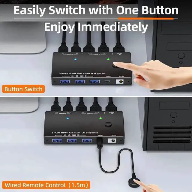 Alt view image 5 of 7 - 2 Port HDMI KVM Switch 8K@60Hz 4K@120Hz, USB 3.0 HDMI 2.1 KVM Switch for 2 Computers Share 1 Monitor and 3 USB Devices, HDCP 2.3,HDR 10, with Wired Remote,12V Power Adapter and 2 USB 3.0 Cables