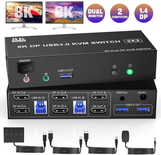 Main image of JAENFONG 8K@60Hz USB 3.0 Displayport KVM Switch 2 Monitors 2 Computers, DP 1.4 Dual Monitor KVM Switch with Audio Microphone Output and 3 USB 3.0 Ports, Wired Remote and 2 USB Cables Included