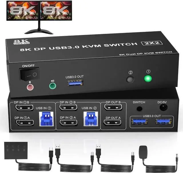 Main image of JAENFONG 8K@60Hz USB 3.0 Displayport KVM Switch 2 Monitors 2 Computers, DP 1.4 Dual Monitor KVM Switch with Audio Microphone Output and 3 USB 3.0 Ports, Wired Remote and 2 USB Cables Included