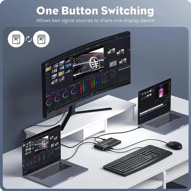 Alt view image 5 of 7 - JAENFONG 2x1 USB C KVM Switch 8K @60Hz 4K @120Hz, 2-Port Type C to HDMI or DP Monitor KVM Switch for 2 Laptops Share 1 Monitor and 3 USB Devices & 100W Power Delivery, 2 USB-C Cables Included