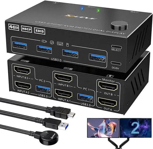 Main image of 2 Ports Dual Monitor HDMI KVM Switch 2 in 2 Out, 4K @60Hz KVM Switch HDMI Extended Display 2 Computers 2 Monitors and 4 USB 3.0 Ports with Simulation EDID, Wired Controller, HD-MI 2.0+USB 3.0 Cables