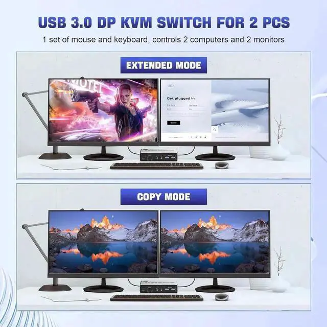 Alt view image 3 of 7 - 8K USB 3.0 DisplayPort KVM Switch 2 Monitors 2 Computers, 8K@60Hz Dual Monitor DP KVM Switch 2 in 2 Out with Audio Microphone and 3 USB 3.0 Ports, 2 Computers 2 Monitors Keyboard Mouse Switcher