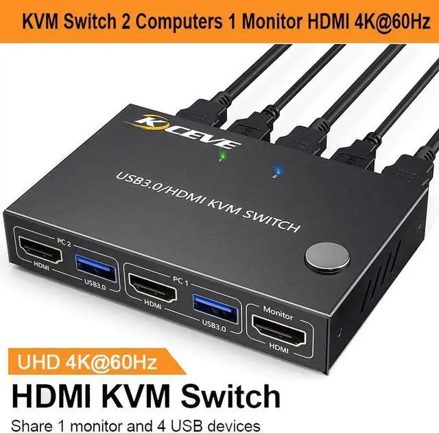 Main image of 2 in 1 Out HDMI KVM Switch 1 Monitor 2 Computers 4K@60Hz, HDMI KVM Switch for 2 Computer Share 1 Monitor and 4 USB 3.0 Devices, Support Simulation EDID Lock Screen, with Wired Remote Controller