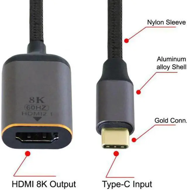 Alt view image 4 of 7 - JAENFONG USB4 USB-C Type-C Source to Female HDMI 2.1 Cable Display 8K 60HZ UHD 4K HDMI Male Monitor