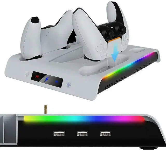 Alt view image 3 of 7 - For PS 5 Slim/PS 5 Pro Stand Charging Station Dock 3 Levels Cooling Fan Base Holder with Controller Charging RGB Lights for PS 5