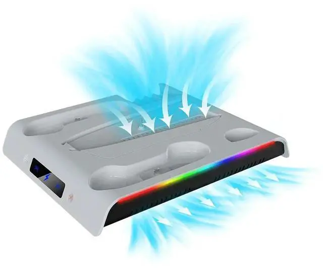 Alt view image 2 of 7 - For PS 5 Slim/PS 5 Pro Stand Charging Station Dock 3 Levels Cooling Fan Base Holder with Controller Charging RGB Lights for PS 5