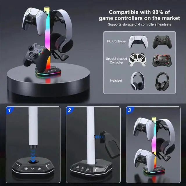 Alt view image 7 of 7 - RGB Headset Stand 9 Light Modes for Desk Controller Holder Controller Stand Hanger for PS5/PS4/Xbox/Switch Pro Gamepad & Headset
