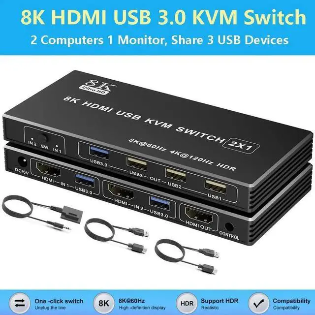 Main image of 2 Port HDMI USB KVM Switch 1 Monitor 2 Computers, USB 3.0, 8K@60Hz, 2 in 1 Out HDMI KVM Switches for 2 Computers Share 1 Monitor, Keyboard,Mouse,Printer/Scanner, Desktop Controller included