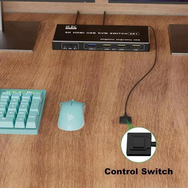 Alt view image 4 of 7 - 2 Port HDMI USB KVM Switch 1 Monitor 2 Computers, USB 3.0, 8K@60Hz, 2 in 1 Out HDMI KVM Switches for 2 Computers Share 1 Monitor, Keyboard,Mouse,Printer/Scanner, Desktop Controller included