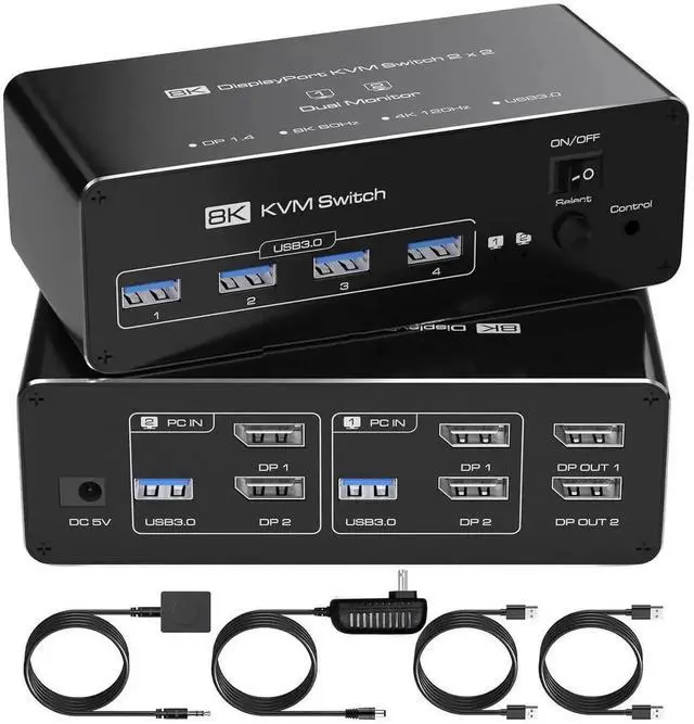 Main image of Dual Monitor DisplayPort KVM Switch 2 Monitors 2 Computers 8K@60Hz 4K@144Hz, DP KVM Switches for 2 PCs Share 2 Monitors, 4 USB 3.0 Ports, Supports Extended/Copy Mode with Remote & USB Cables
