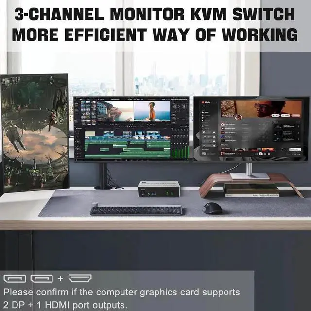 Alt view image 3 of 7 - 8K@60Hz USB 3.0 2 Displayport+HDMI KVM Switch Triple Monitor 2 Computer, 2PC Share 3 Monitors (HDMI+DP+DP) KVM Switch with Audio Microphone and 3 USB3.0 Ports, HDMI+2 DP Monitor Switch for 2PCs