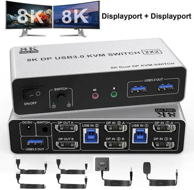 Main image of USB 3.0 DisplayPort KVM Switch 2 Computers 2 Monitors 8K@60Hz 4K@144Hz, Dual Monitor Displayport KVM Switches with Audio Microphone Output and 3 USB 3.0 Ports, Desktop Controller & 2 USB Cable