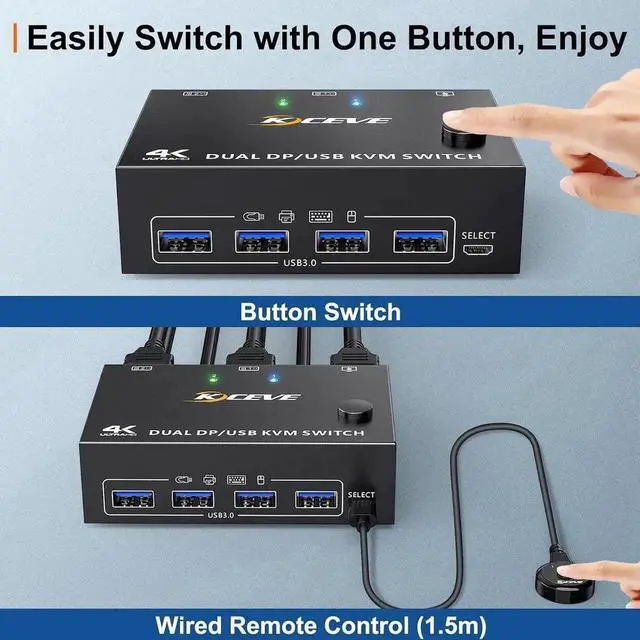 Alt view image 7 of 7 - Displayport KVM Switch 2 Monitors 2 Computers 8K@30Hz 4K@144Hz, USB 3.0 Dual Monitor KVM Switches Displayport 1.4 2 in 2 Out with 4 USB 3.0 Port for USB Device,Wired Remote and 4 Cable Included