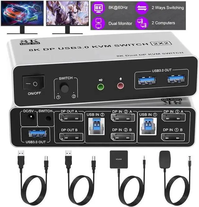 Main image of KVM Switch 2 Monitors 2 Computers, 8K@60Hz DP 1.4 Dual Monitor Displayport USB 3.0 KVM Switch for 2 Computer Share 2 Monitors, Audio Mic Port and 3 USB3.0 Devices Support Extended and Copy Mode