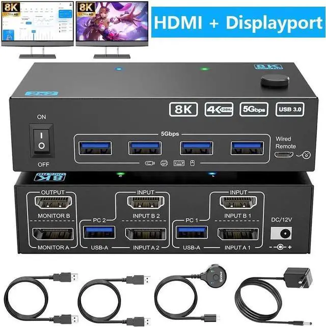 Main image of 4K@144Hz KVM Switch 2 Monitors 2 Computers 8K@60Hz, HDMI and Displayport Dual Monitor KVM Switch with 4 USB 3.0 Port for Keyboard Mouse Printer,Wired Remote,Power Adapter and USB Cable Included