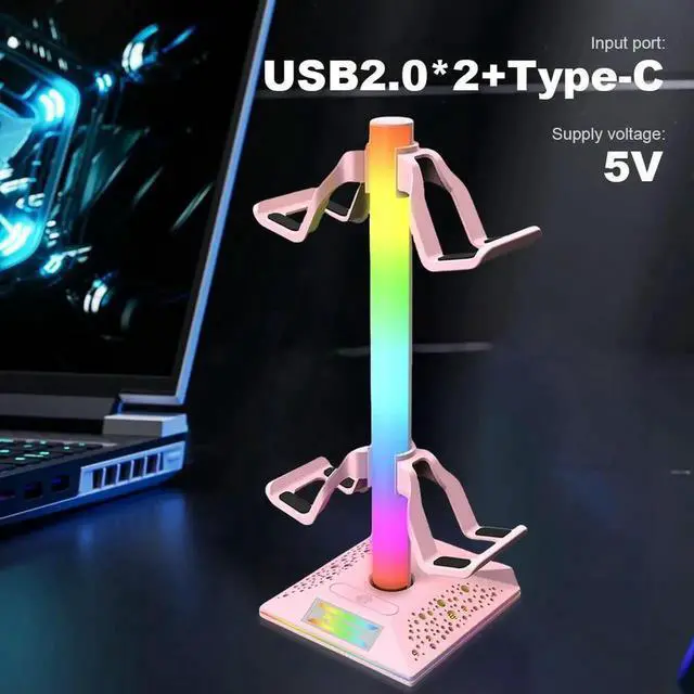 Alt view image 5 of 7 - RGB Gaming Headphones Stand with 2 USB2.0 Ports Headset Gamepad Stand Controller Stand for PS5 Gaming Accessories